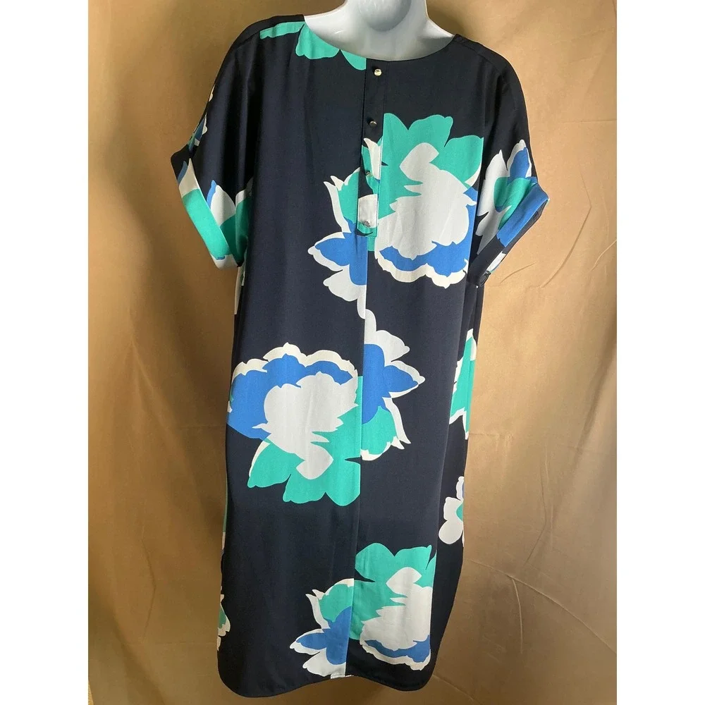 A New Day Floral V-Neck Shift Dress Womens XL Navy Blue Excellent Short Sleeve
